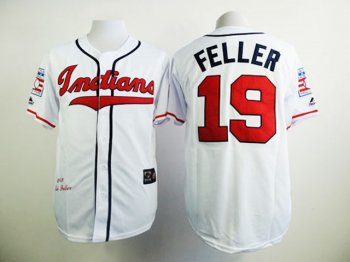 Cleveland Indians #19 Bob Feller Throwback White Jersey