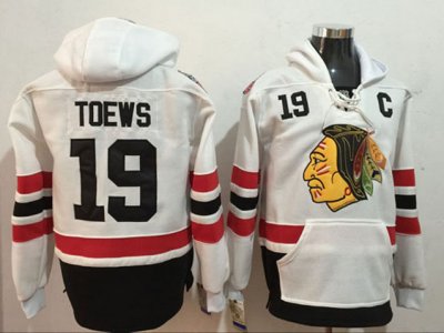 Chicago Blackhawks #19 Jonathan Toews White One Front Pocket Hoodie Jersey