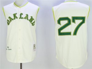 Oakland Athletics #27 Catfish Hunter 1968 Cream Throwbacks Sleeveless Jersey