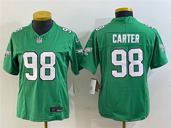 Womens Philadelphia Eagles #98 Jalen Carter Kelly Green Vapor F.U.S.E. Limited Jersey